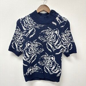 Maeve by Anthropologie Divendra Navy White Mock Neck Short Sleeve Knit Sweater M